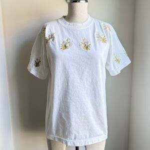 Swiss Alp Fantasy Embroidered Edelweiss Cotton T-Shirt Size S